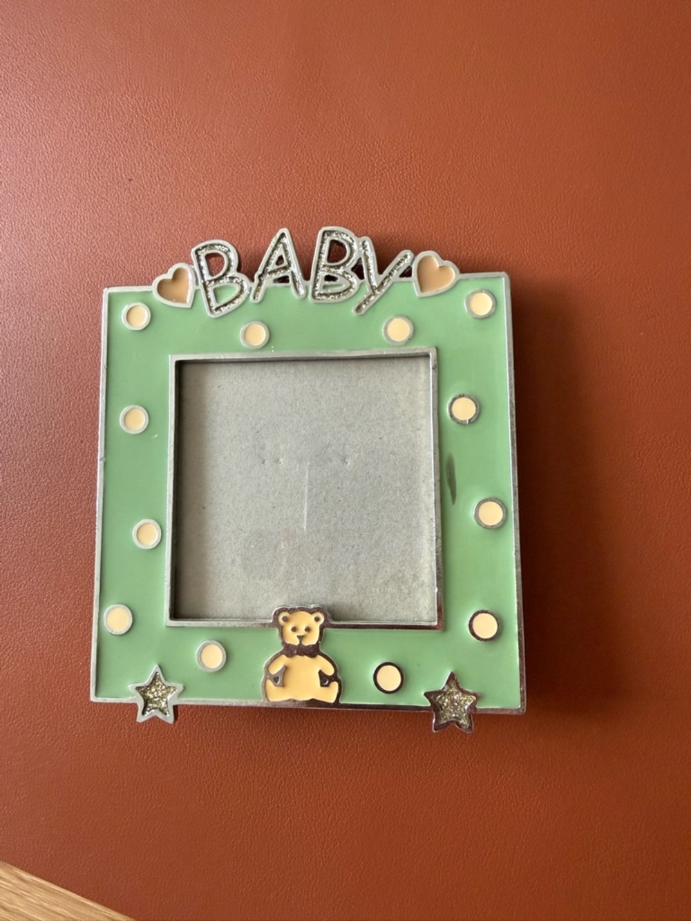 Baby Green Polka Dot Picture Frame with Teddy Accent
